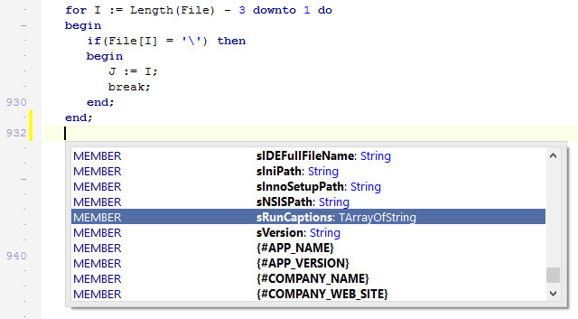Inno Setup Code Insight Code Completion list
